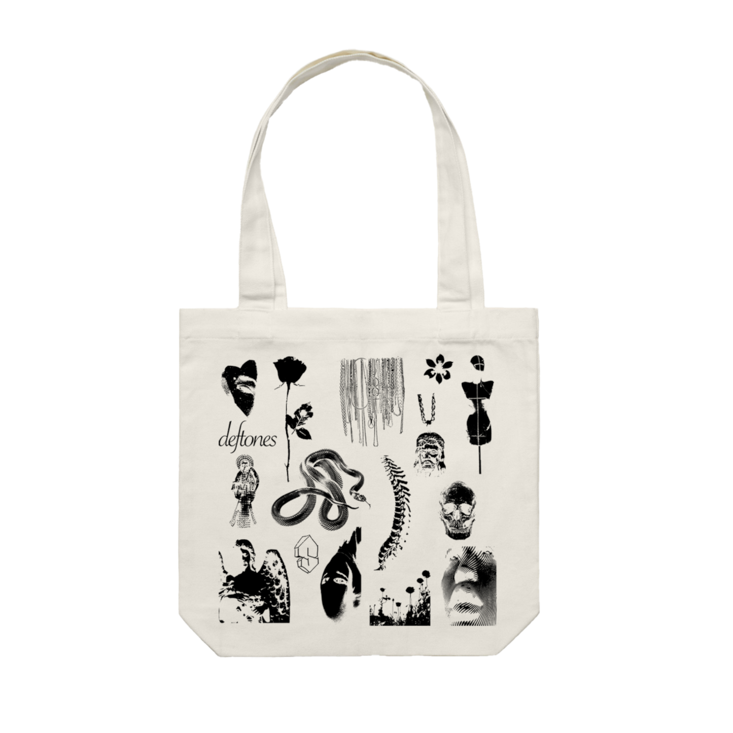 Cream-colored canvas tote bag featuring a black ink print of various graphic designs including skulls, roses, and the word ’deftones.’