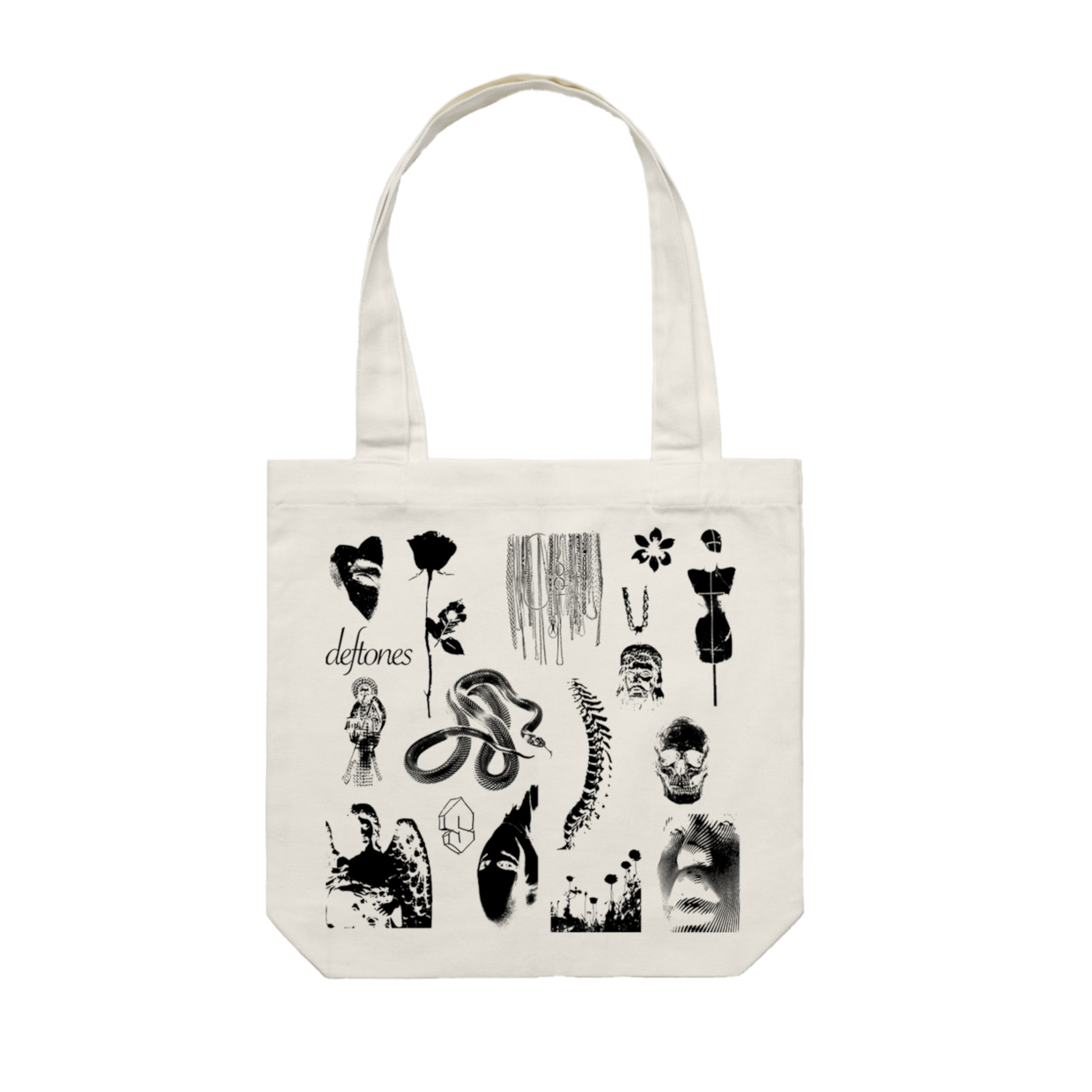 Cream-colored canvas tote bag featuring a black ink print of various graphic designs including skulls, roses, and the word ’deftones.’