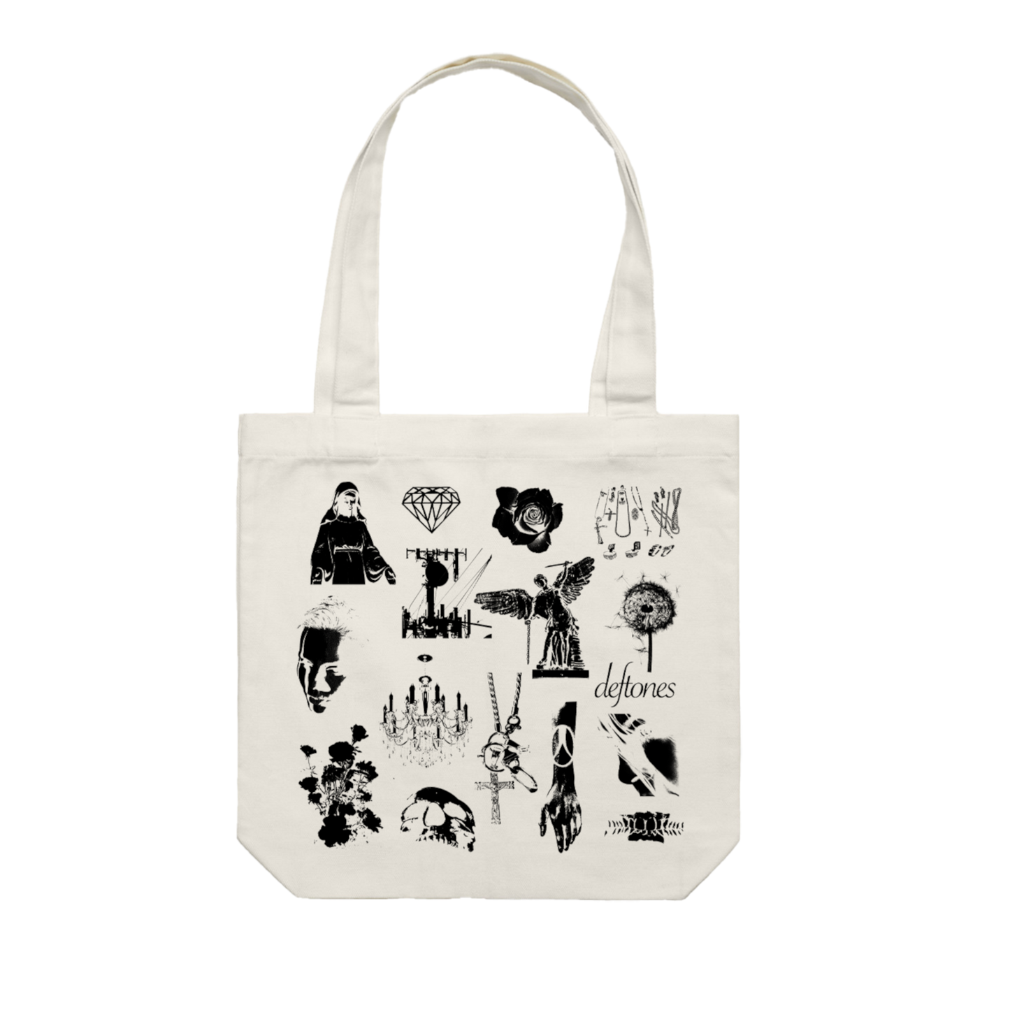 A white canvas tote bag featuring a black ink print of various graphic designs including a rose, diamond, angel statue, and the word ’deftones’.