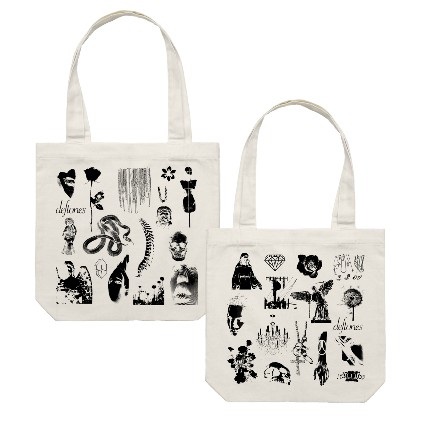 White canvas tote bags featuring black graphic prints of various symbols and the band name ’deftones’