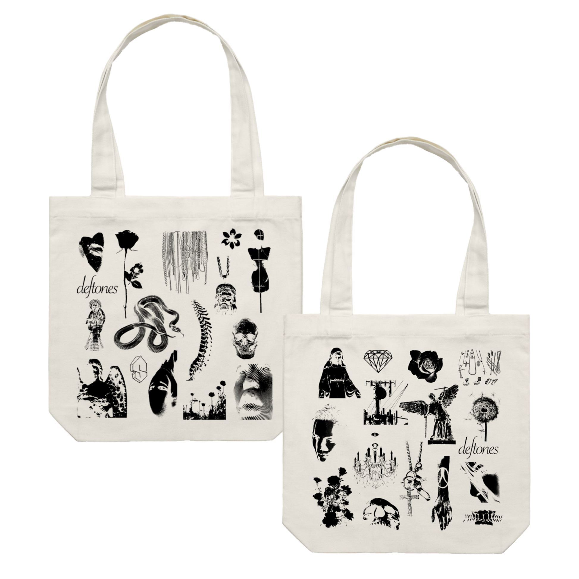 White canvas tote bags featuring black graphic prints of various symbols and the band name ’deftones’