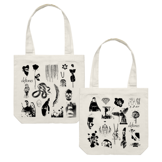 White canvas tote bags featuring black graphic prints of various symbols and the band name ’deftones’