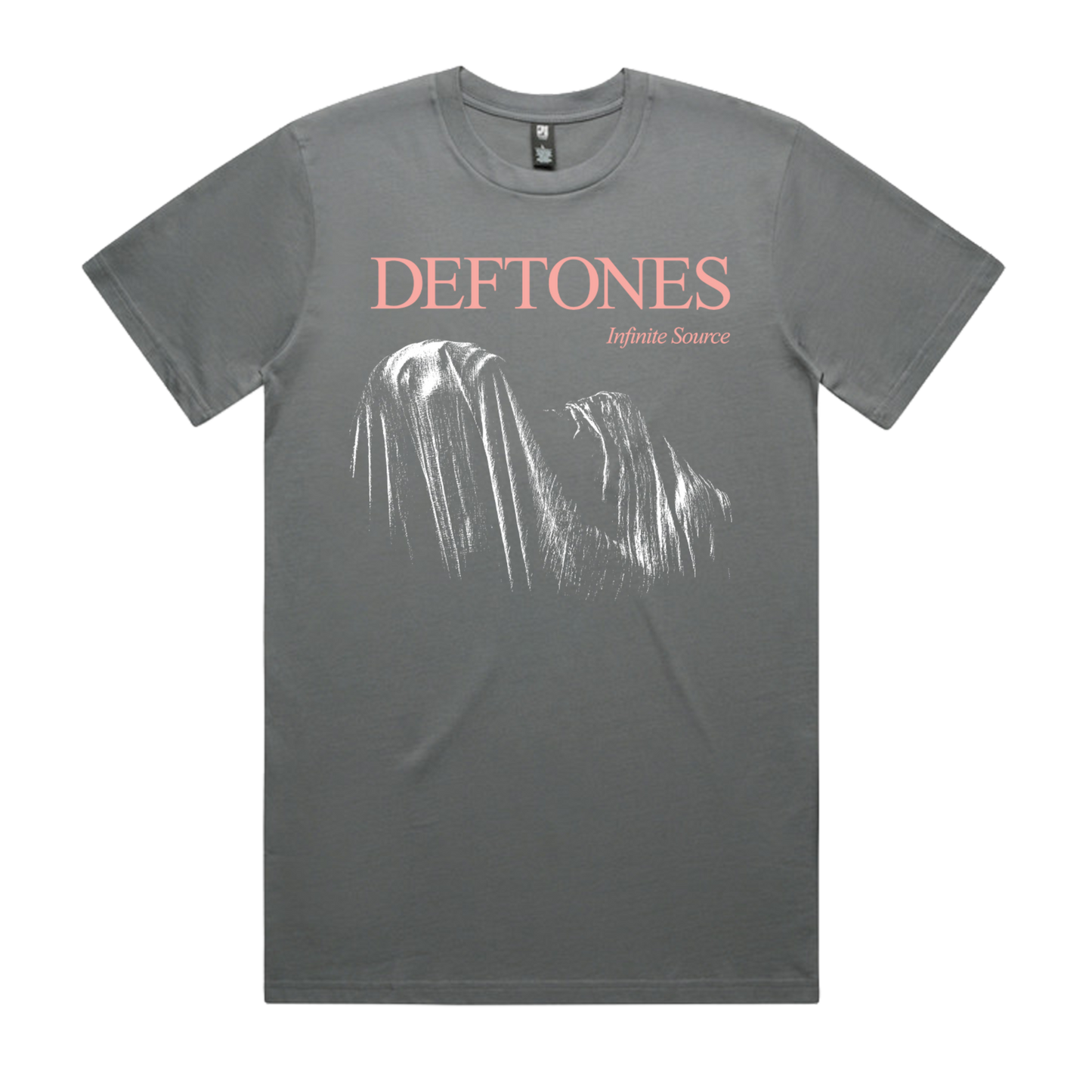 Gray cotton t-shirt featuring ’deftones’ in pink lettering above a white graphic of two figures, with ’infinite source’ printed below.