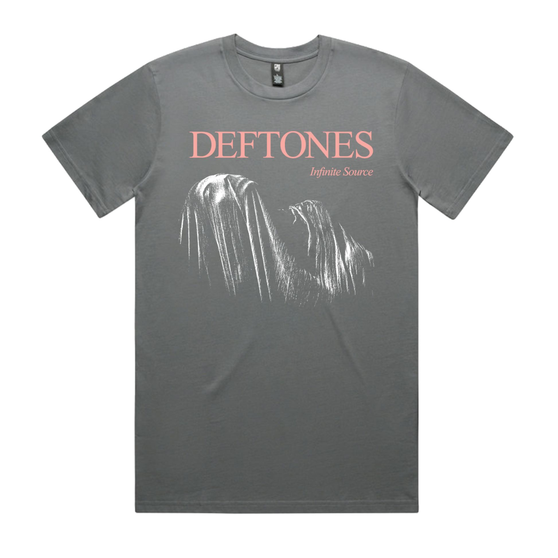 Gray cotton t-shirt featuring ’deftones’ in pink lettering above a white graphic of two figures, with ’infinite source’ printed below.