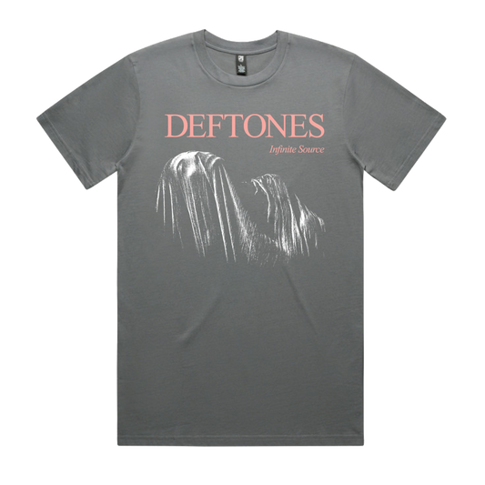 Gray cotton t-shirt featuring ’deftones’ in pink lettering above a white graphic of two figures, with ’infinite source’ printed below.