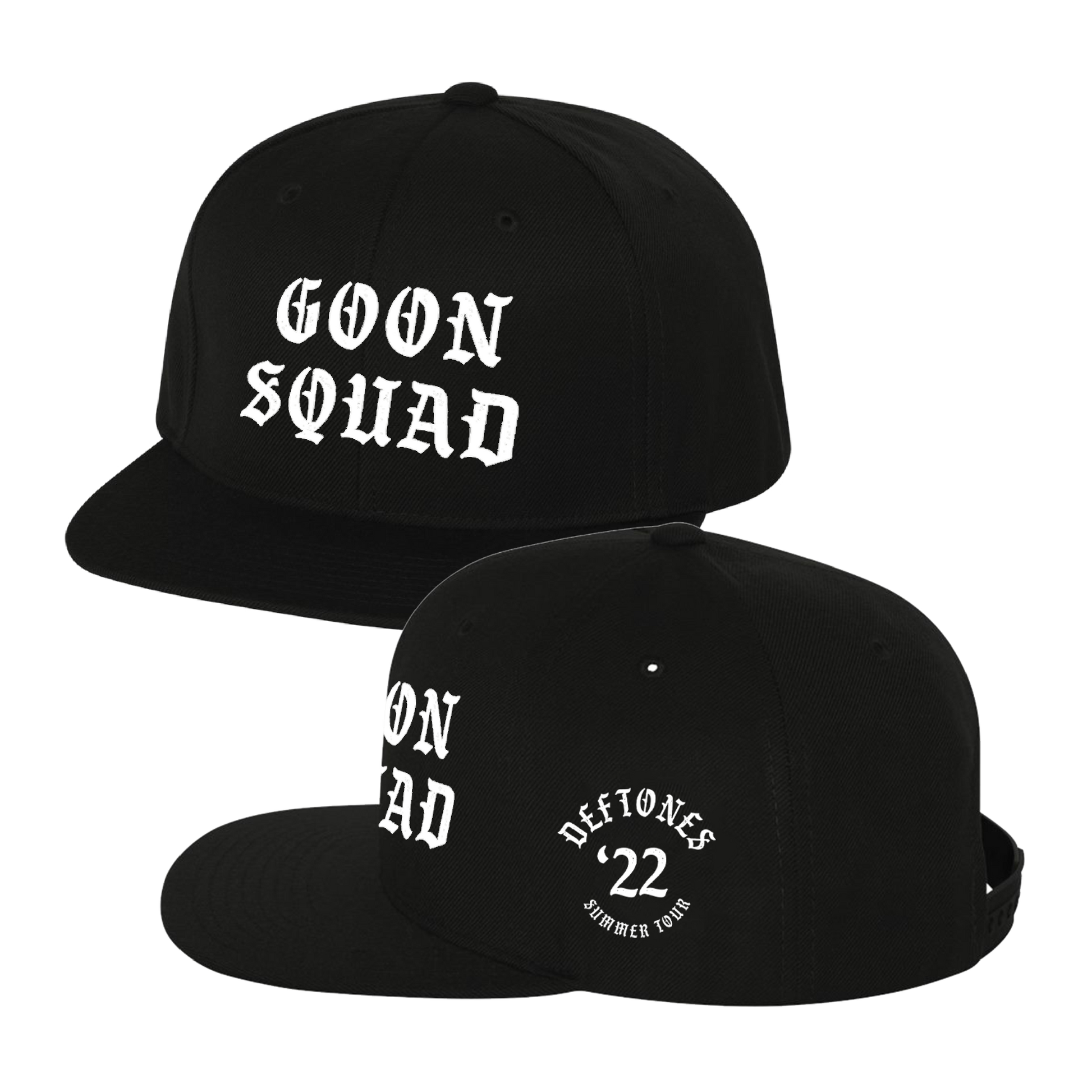Black snapback hat with ’GOON SQUAD’ embroidered in white on the front.