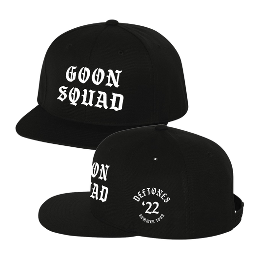 Black snapback hat with ’GOON SQUAD’ embroidered in white on the front.